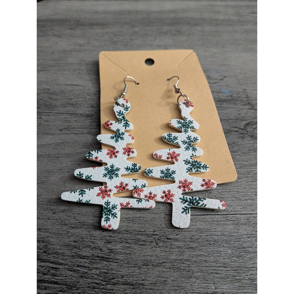 Christmas Tree Faux Leather Dangle Earrings Snowflake Print Holiday Jewelry